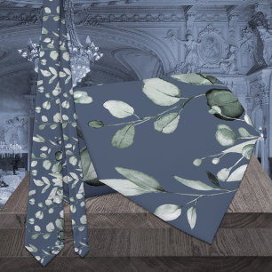 Cravate Argent Sage Eucalyptus Vert Mariage Marine Bleu