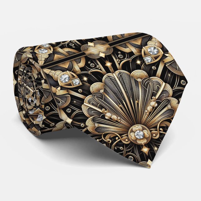 Cravate Art Deco Black and Gold Seashell Pattern Neck Tie (Roulé)