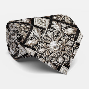 Cravate Art Deco Faux Soie   Diamants Luxe B+W 