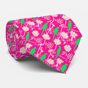 CRAVATE ART DECO PINK WHITE FLOWERS WITH GREEN PARROTS