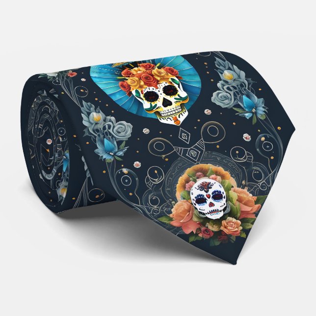 Cravate Art du crâne de sucre - Vibrant Dia de los Muertos (Roulé)