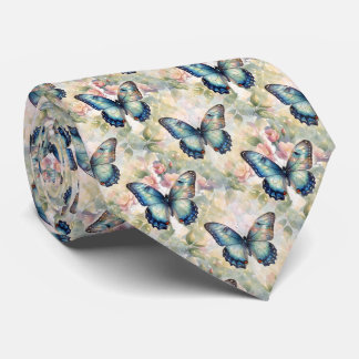 Cravate Artistic Blue Morpho Butterfly Floral Watercolor