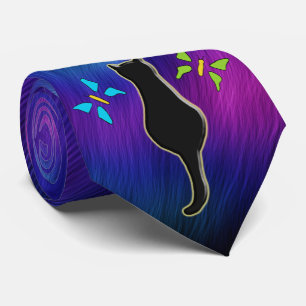 Cravate Aurora Borealis & Black Cat Silhouette & Butterfly