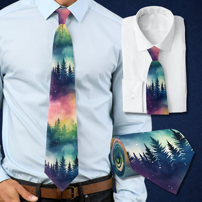 Cravate Aurora Borealis Pastel Pines Lumières Nord (This northern lights tie with its pastel skies and pines is perfect for the holidays and winter time)