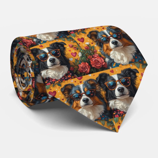 Cravate Australian Shepherd Heart Roses Saint-Valentin (Roulé)