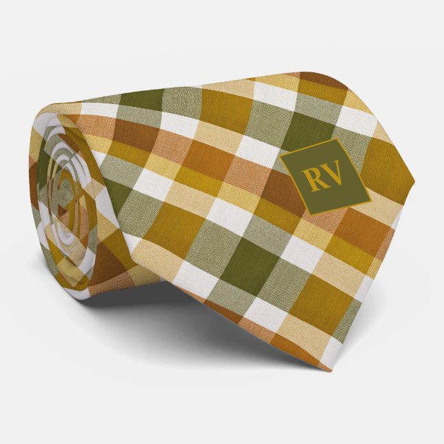 Cravate Automne Rustique Plaid Monogrammé (Roulé)