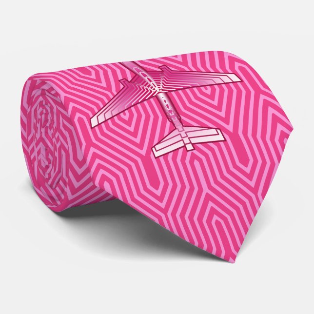 Cravate Avion d'art déco, fuchsia et rose en pastel (Roulé)