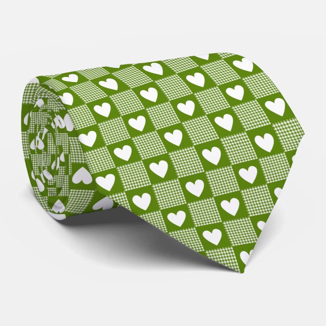 Cravate Avocado Green Gingham Heart Patch Plaid Neck Tie (Roulé)