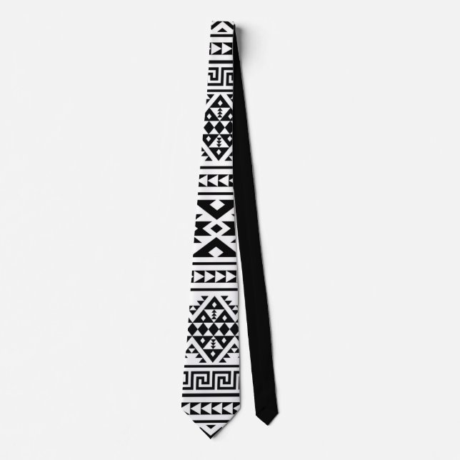 Cravate Aztec Boho, Motif tribal géométrique noir blanc (Devant)