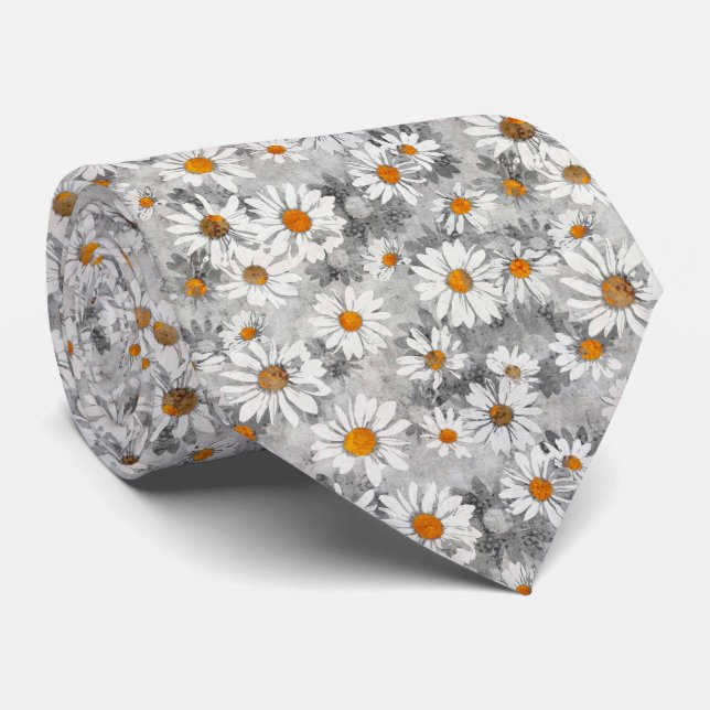 Cravate Baisson blanc sur motif floral gris argenté (Roulé)