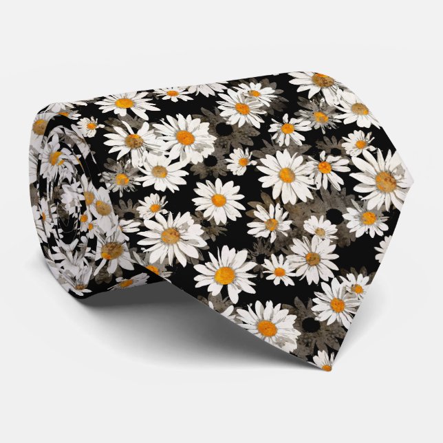 Cravate Baisson blanc sur motif floral noir (Roulé)