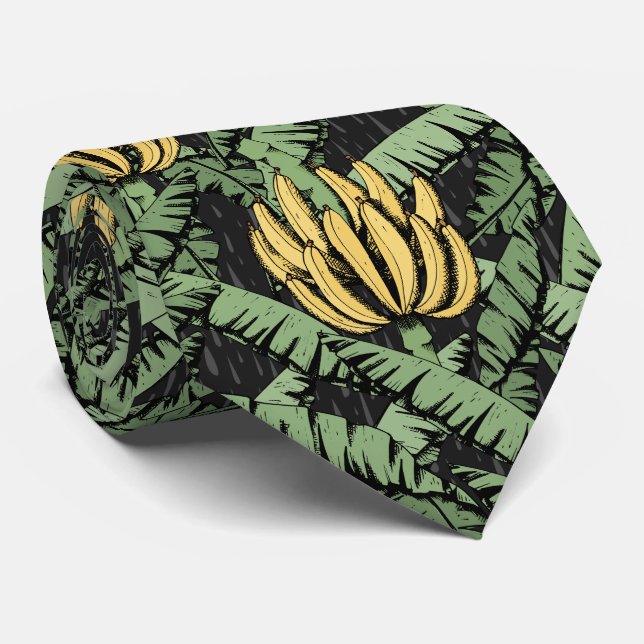 Cravate Bananes noires tropicales Feuilles et bananes jaun (Roulé)