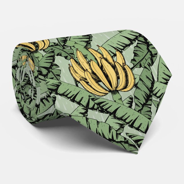 Cravate Bananes tropicales vertes Feuilles et bananes jaun (Roulé)