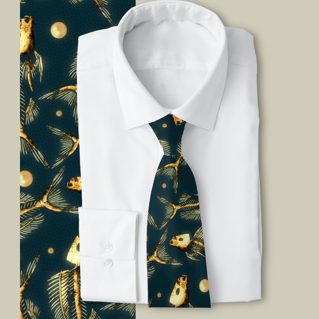 Cravate Bandes de poissons dorées   (A golden fish bone and pearl pattern for the dark and deep ocean lover)