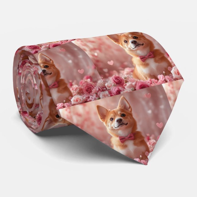 Cravate Basenji avec Rose - Saint Valentin (Roulé)
