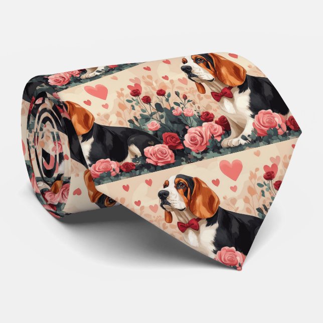 Cravate Basset Hound avec Roses - Saint Valentin (Roulé)