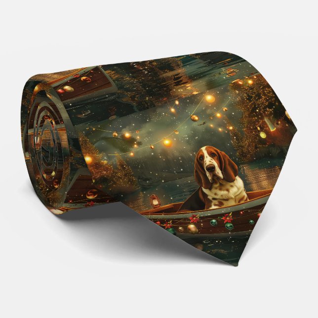 Cravate Basset Hound Noël Festive Voyage (Roulé)