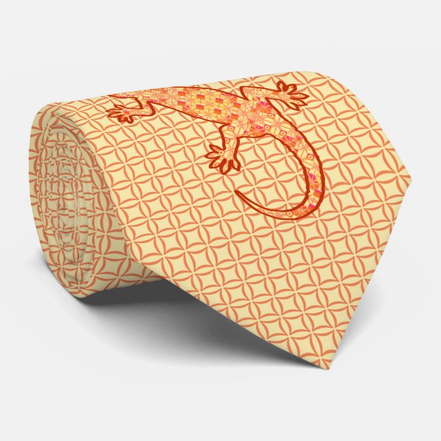 Cravate Batik tribal Gecko - corail et orange clair (Roulé)