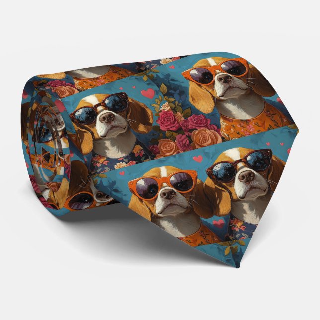 Cravate Beagle avec coeur Roses Saint-Valentin (Roulé)