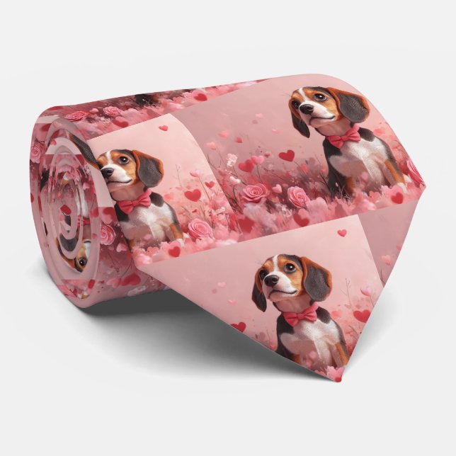 Cravate Beagle avec Rose - Saint Valentin (Roulé)