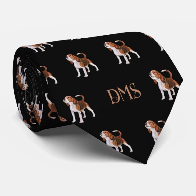 Cravate Beagle Bliss : Motif Beagle monogramme noir (Roulé)