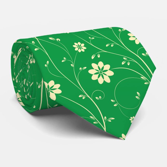 Cravate Beau Beige clair & Vert Délicieuse Motif Floral (Roulé)