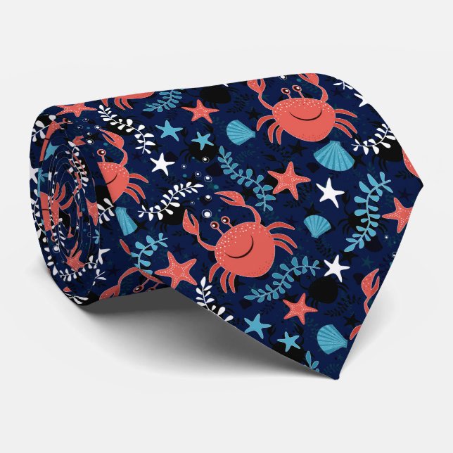 Cravate Beau motif de mer avec crabes. (Roulé)
