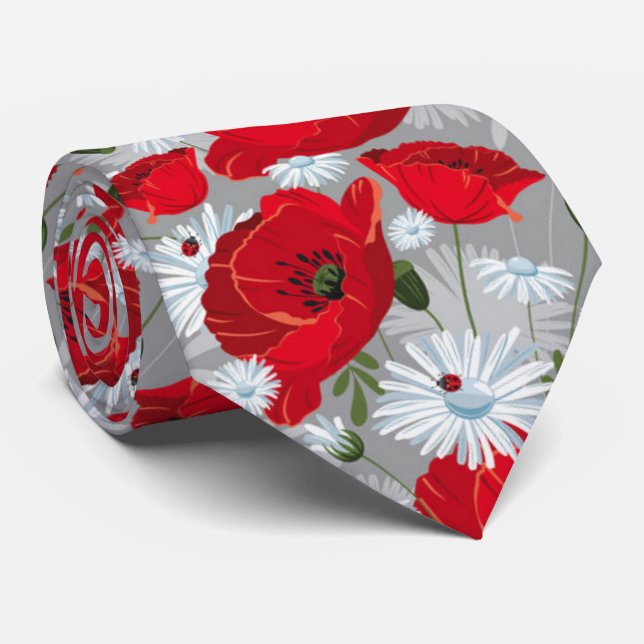 Cravate Beau pavot rouge, marguerites blanches et coccinel (Roulé)