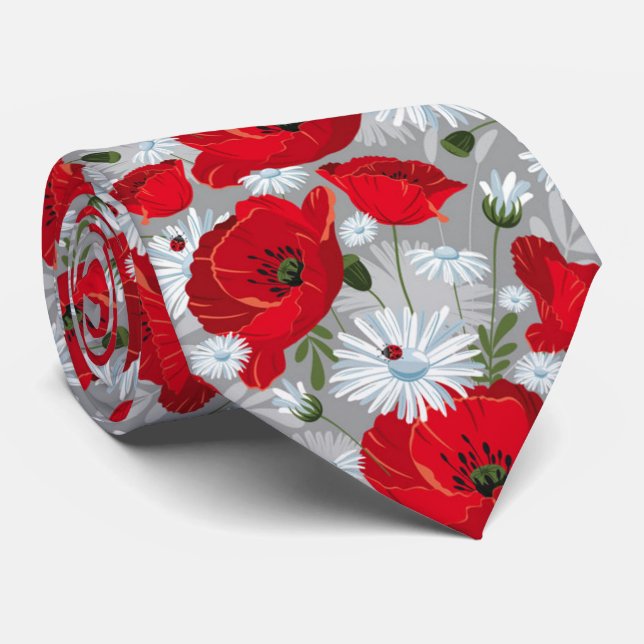 Cravate Beau pavot rouge, marguerites blanches et coccinel (Roulé)