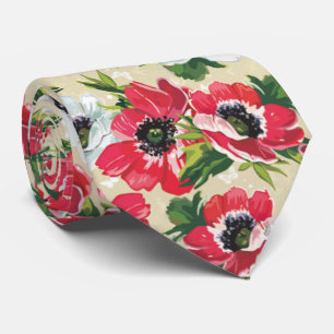 Cravate Beau pavot rouge, marguerites blanches et papillon