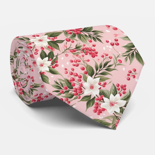 Cravate Beau Shabby Chic rose Noël Berry Floral (Roulé)