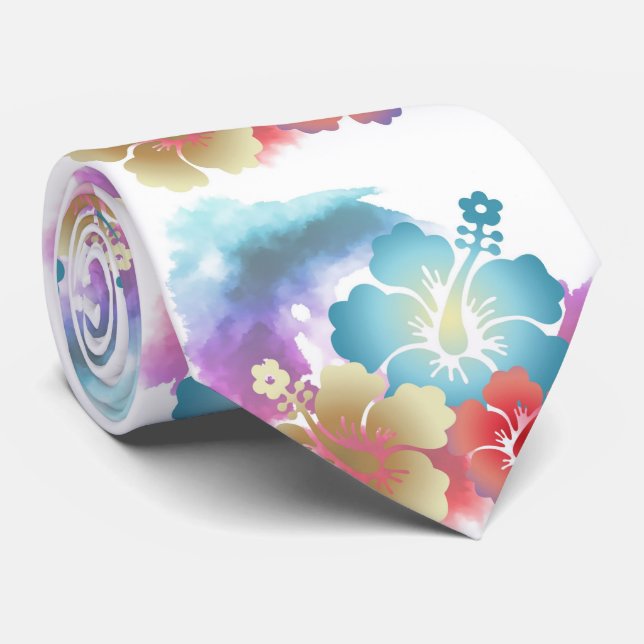 Cravate Beautiful Tropcal Pastel Flowers on White Tie (Roulé)