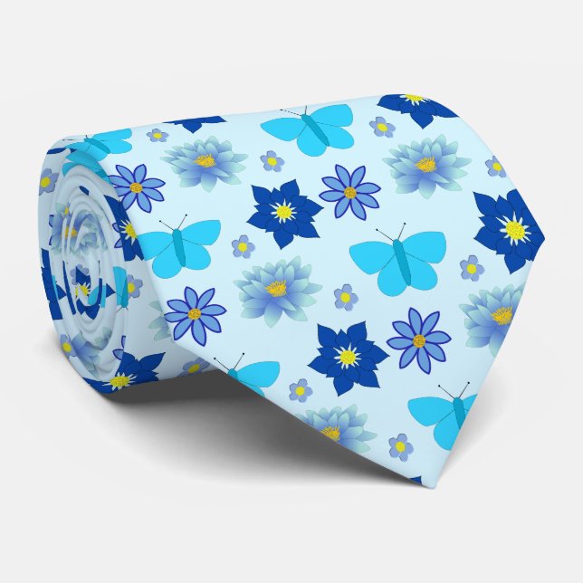 Cravate Bébé bleu Papillons et fleurs à motifs (Roulé)