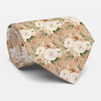 Cravate Beige Gold White Roses Floral Flowers Neck Tie
