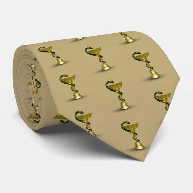 Cravate Beige Médicale Bowl Hygieia Snake Gold Caduceus (Roulé)