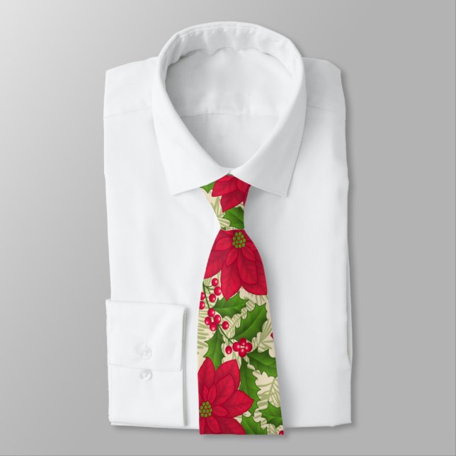 Cravate Belle poinsettia de Noël, houx, branche de pin (Attaché)