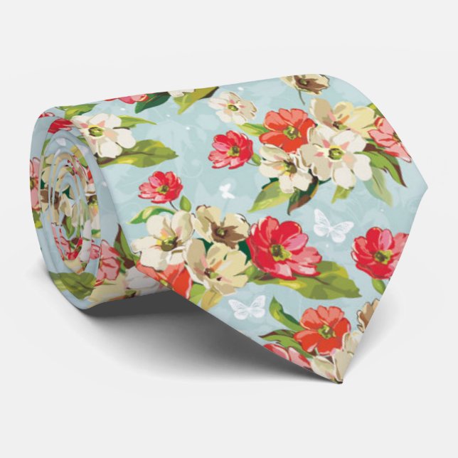 Cravate Belle rouge-crème romantique en pastel de fleurs (Roulé)