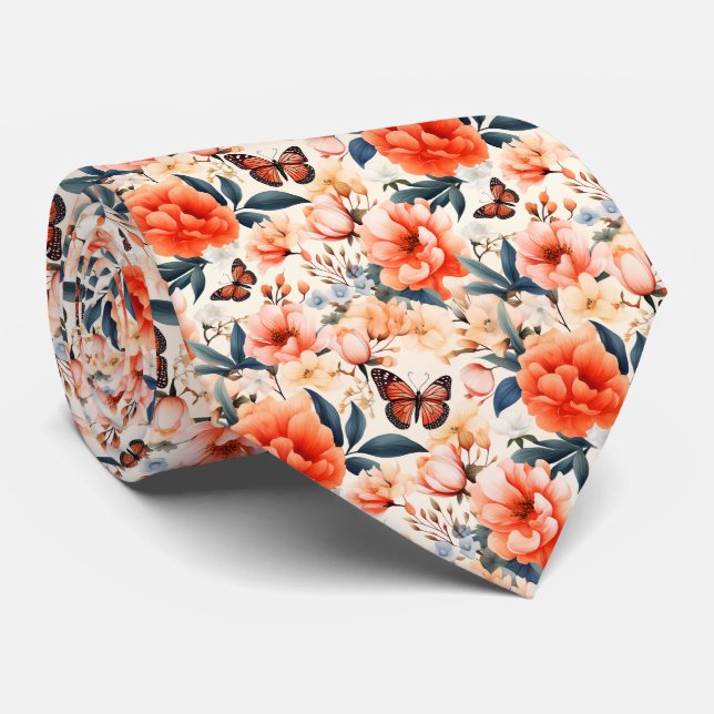 Cravate Belles Papillons Orange Sur Pale Orange (Roulé)