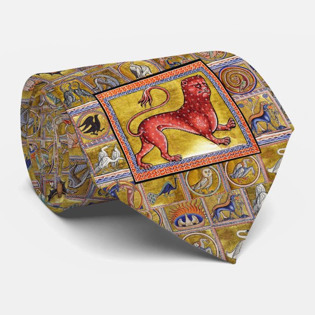 CRAVATE BESTIAIRE MÉDIÉVAL, LÉOPARD, ANIMAUX FORESTIERS (Roulé)