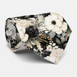 Cravate Black and White Flowers Floral Neck Tie