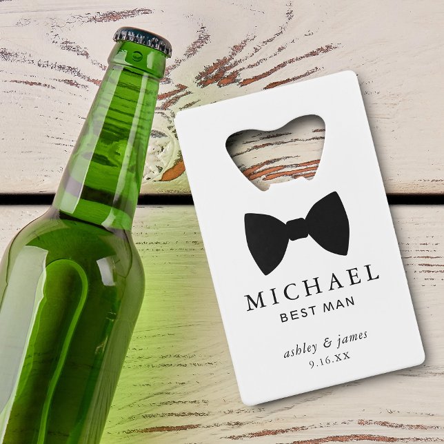 Cravate Black Bow Best Man Mariage personnalisé (Black Bow Tie Best Man Personalized Wedding Credit Card Bottle Opener)