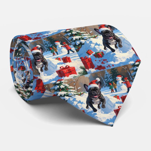 Cravate Black French Bulldog Festive de Noël Scène de neig (Roulé)