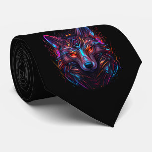 Cravate Black Futuristic Radiant Neon Wolf Necktie