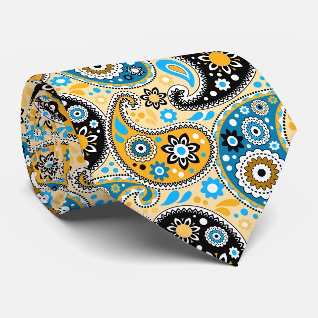 Cravate Black Gold et Aqua Bohemian Cowboy Paisley (Roulé)