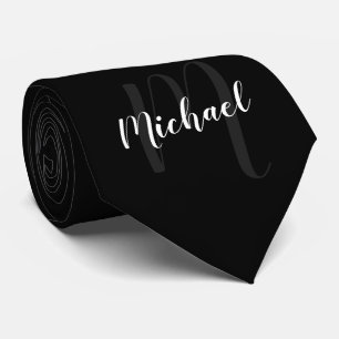 Cravate Black Modern Script Personnalisé Monogramme et nom