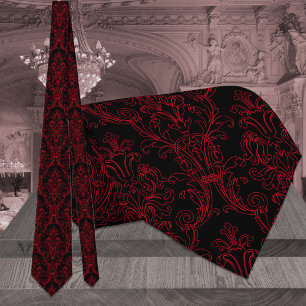 Cravate Black & Red Outline Floral Mariage damassé