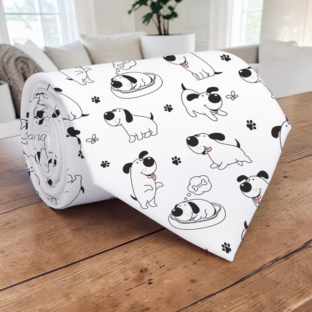 Cravate Black & White Dog Cartoon Custom Necktie (Créateur téléchargé)