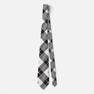 Cravate Black White Gold Plaid Men's