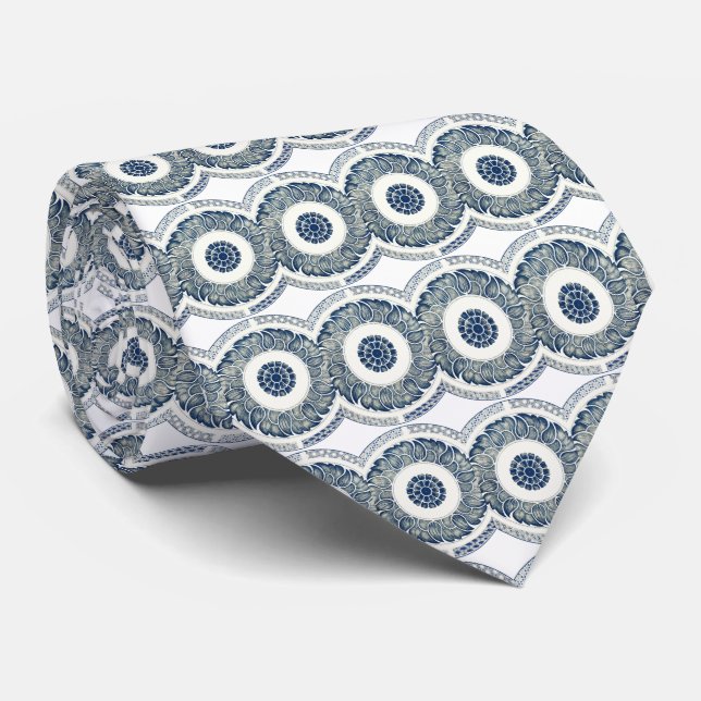 Cravate Blanc bleu Floral chinois rond (Roulé)