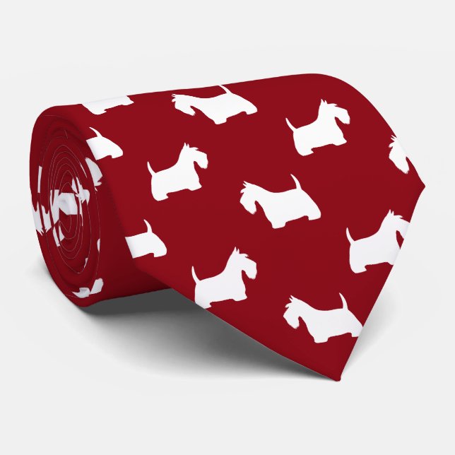 Cravate Blanc écossais Terrier Silhouettes Motif Rouge (Roulé)